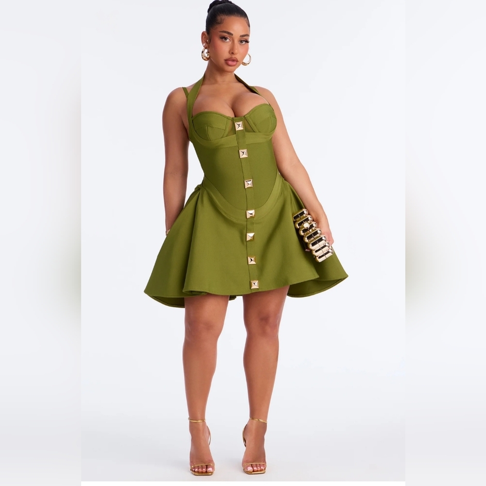 Alondra Bandage Olive Green Halter Dress Sz L